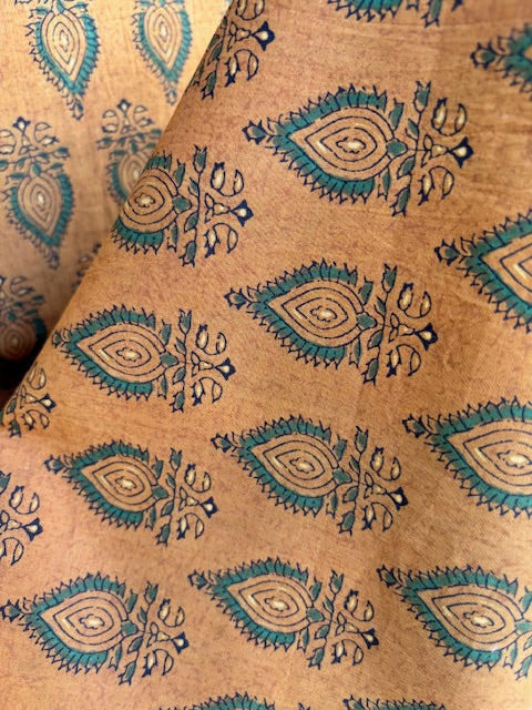 Green On Ochre Abstract Indian Block Print In Cotton