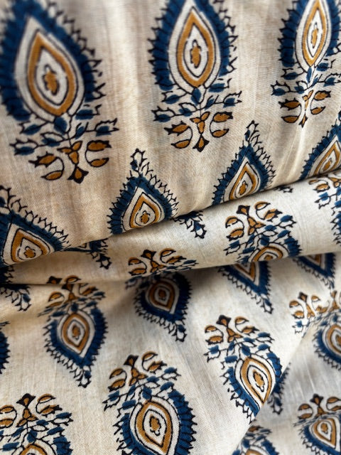 Blue On Beige Abstract Indian Block Print In Cotton