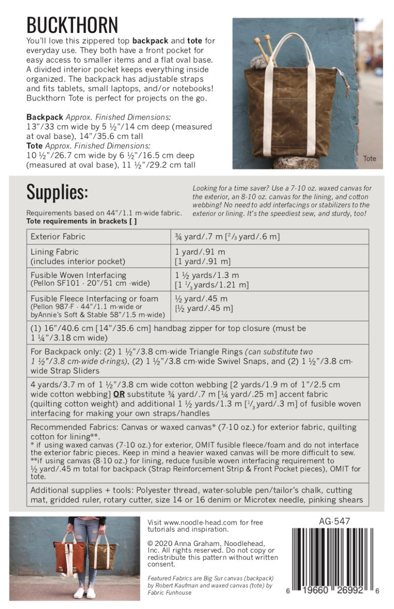 Buckthorn Backpack & Tote Pattern by Noodlehead