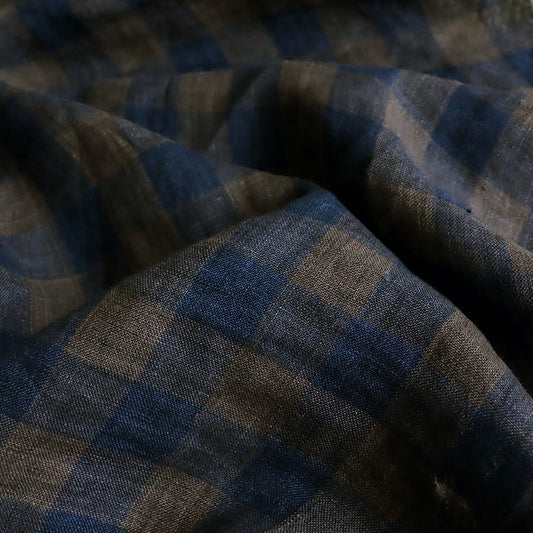 Washed Yarn dyed Linen Checker Board - Brown Navy