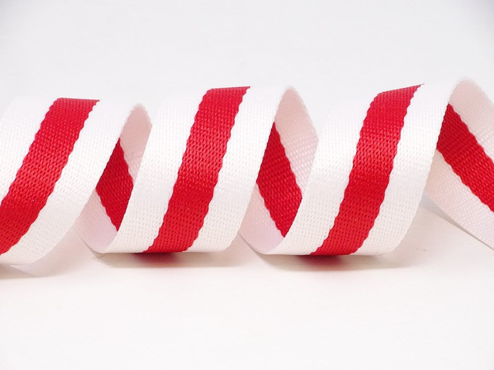 White/Red Striped Cotton Blend Heavy Weight Webbing 30mm