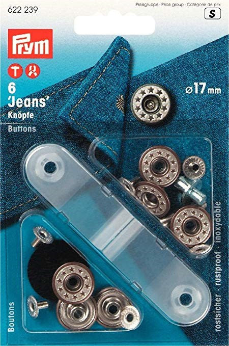 622239 Prym Jeans buttons Size 17mm design open top; design STAR antique brass/matt white, 6 pieces