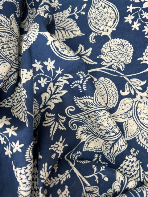 Cream On Indigo Floral Indian Block Print In Cotton