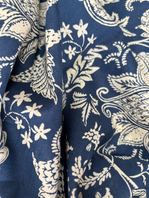 Cream On Indigo Floral Indian Block Print In Cotton
