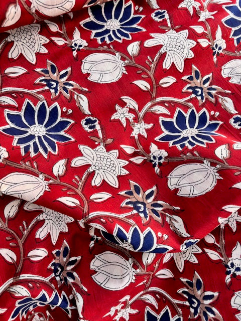 Blue And Cream On Red Floral Indian Block Print In Cotton