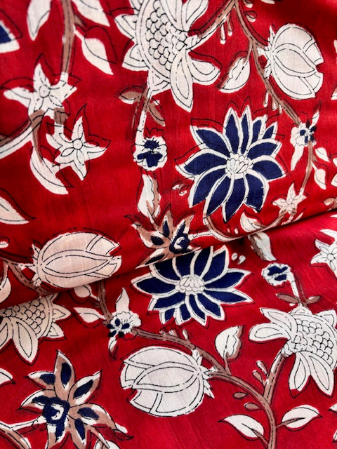 Blue And Cream On Red Floral Indian Block Print In Cotton