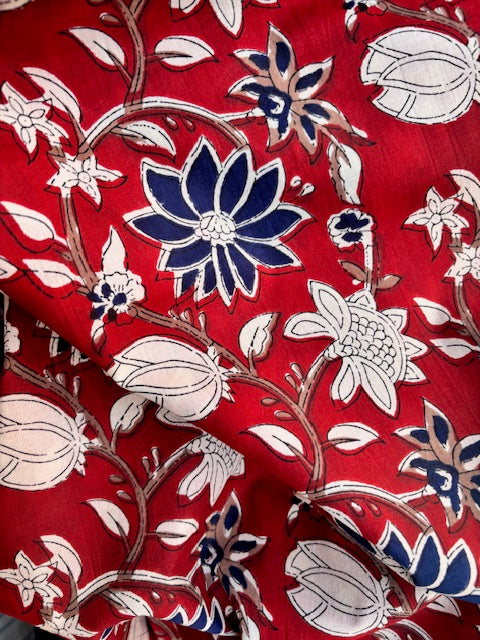 Blue And Cream On Red Floral Indian Block Print In Cotton