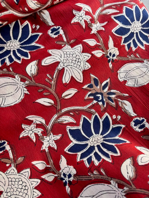 Blue And Cream On Red Floral Indian Block Print In Cotton