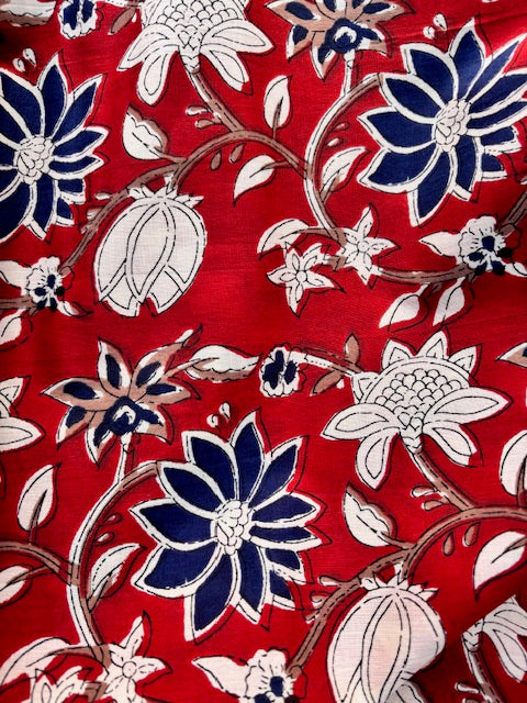 Blue And Cream On Red Floral Indian Block Print In Cotton