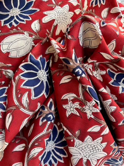 Blue And Cream On Red Floral Indian Block Print In Cotton