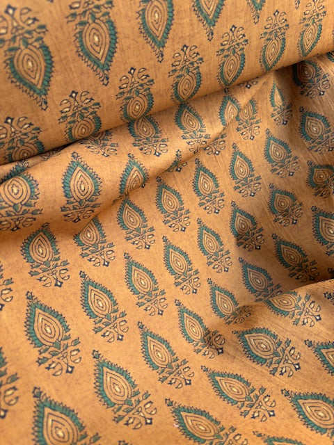 Green On Ochre Abstract Indian Block Print In Cotton