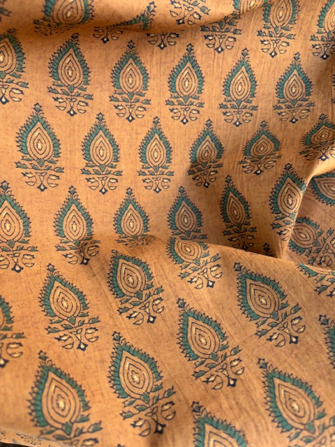 Green On Ochre Abstract Indian Block Print In Cotton