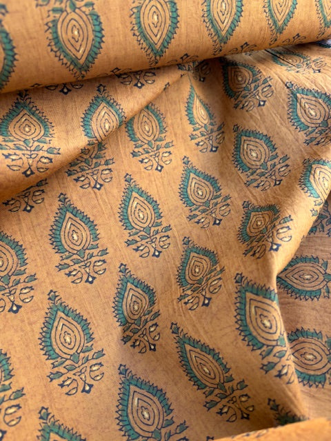 Green On Ochre Abstract Indian Block Print In Cotton