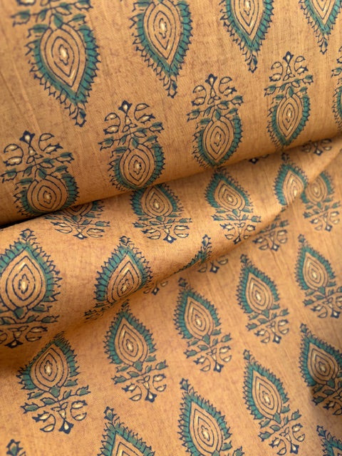 Green On Ochre Abstract Indian Block Print In Cotton