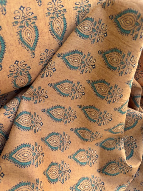 Green On Ochre Abstract Indian Block Print In Cotton
