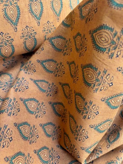 Green On Ochre Abstract Indian Block Print In Cotton
