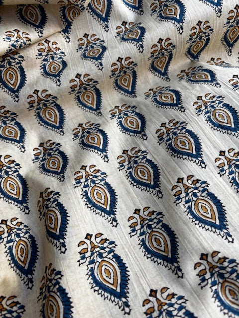 Blue On Beige Abstract Indian Block Print In Cotton