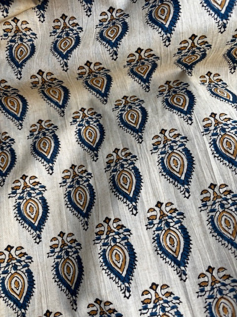 Blue On Beige Abstract Indian Block Print In Cotton