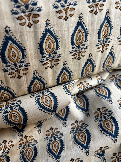 Blue On Beige Abstract Indian Block Print In Cotton
