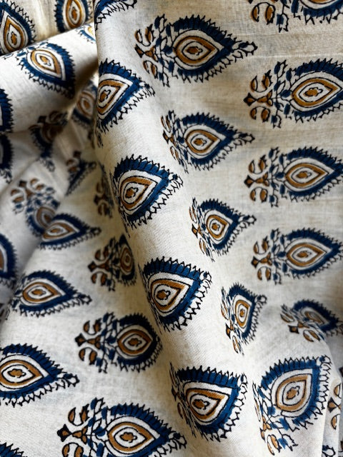 Blue On Beige Abstract Indian Block Print In Cotton