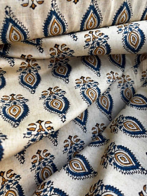 Blue On Beige Abstract Indian Block Print In Cotton
