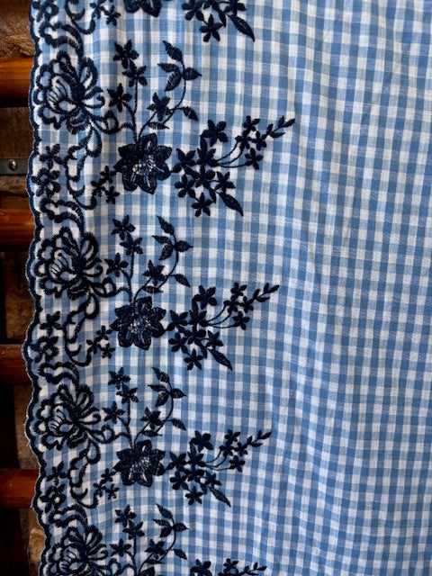 Blue Check Cotton Fabric with Scallop Border