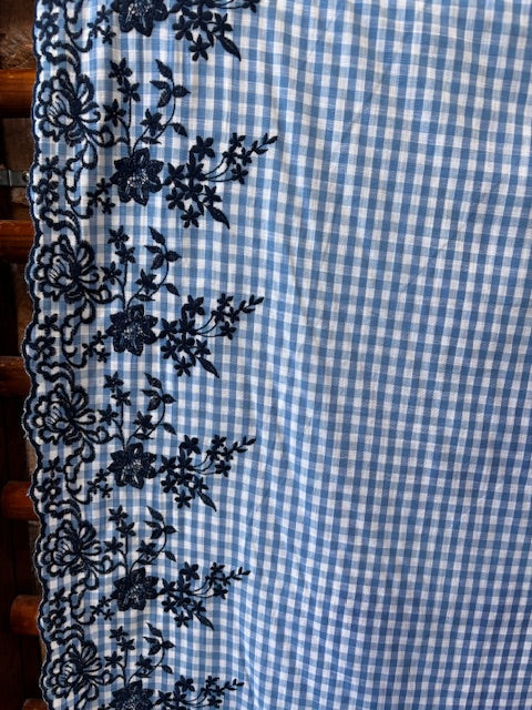 Blue Check Cotton Fabric with Scallop Border