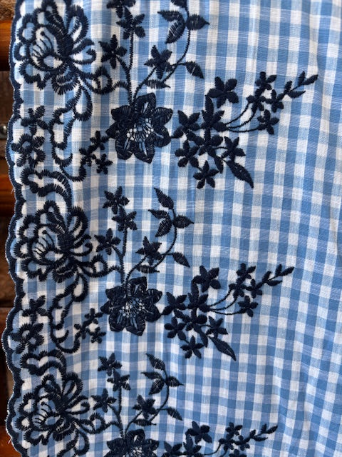Blue Check Cotton Fabric with Scallop Border