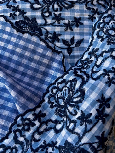 Blue Check Cotton Fabric with Scallop Border
