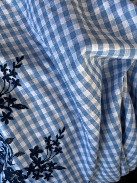 Blue Check Cotton Fabric with Scallop Border