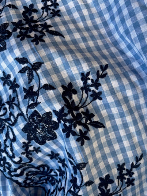 Blue Check Cotton Fabric with Scallop Border