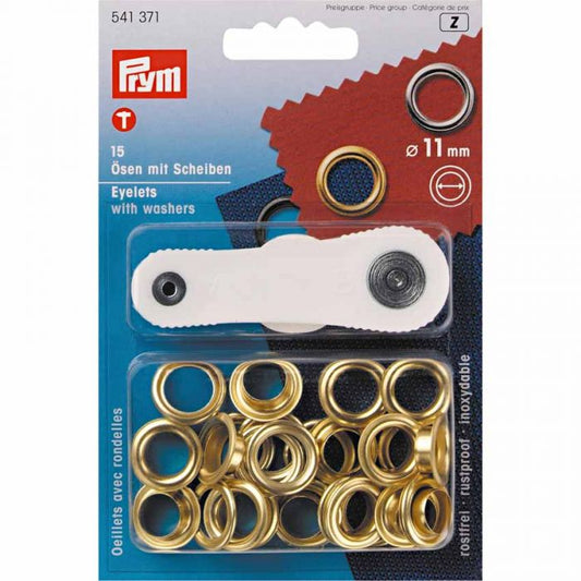 Prym Eyelets And Washers 11mm Gold Coloured - 15 Pieces Brass Rustproof P541371
