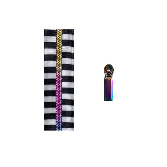 Wide Black Stripe with Rainbow Teeth continuous heavy duty zip no.5 with pulls