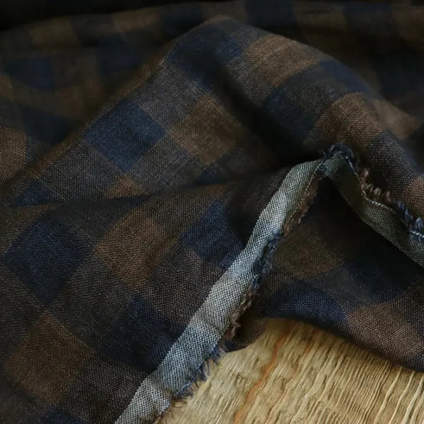 Washed Yarn dyed Linen Checker Board - Brown Navy