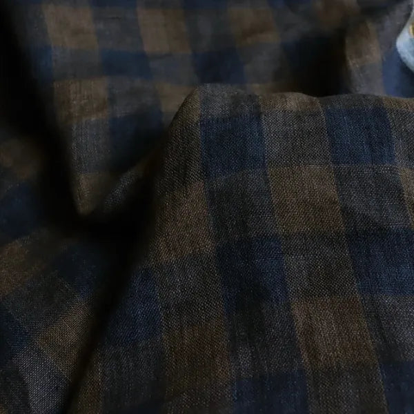 Washed Yarn dyed Linen Checker Board - Brown Navy